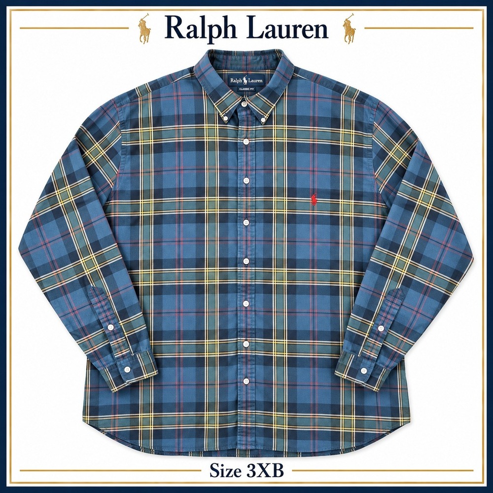 Ralph Lauren Classic Fit Shirt Mens 3XB Big Blue Green Plaid Button Down Preppy